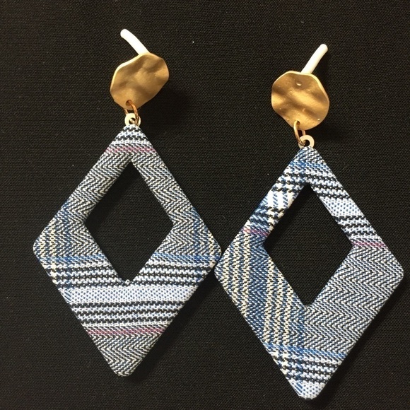 Gold-tone blue plaid print Rectangle drop earrings - Picture 1 of 7